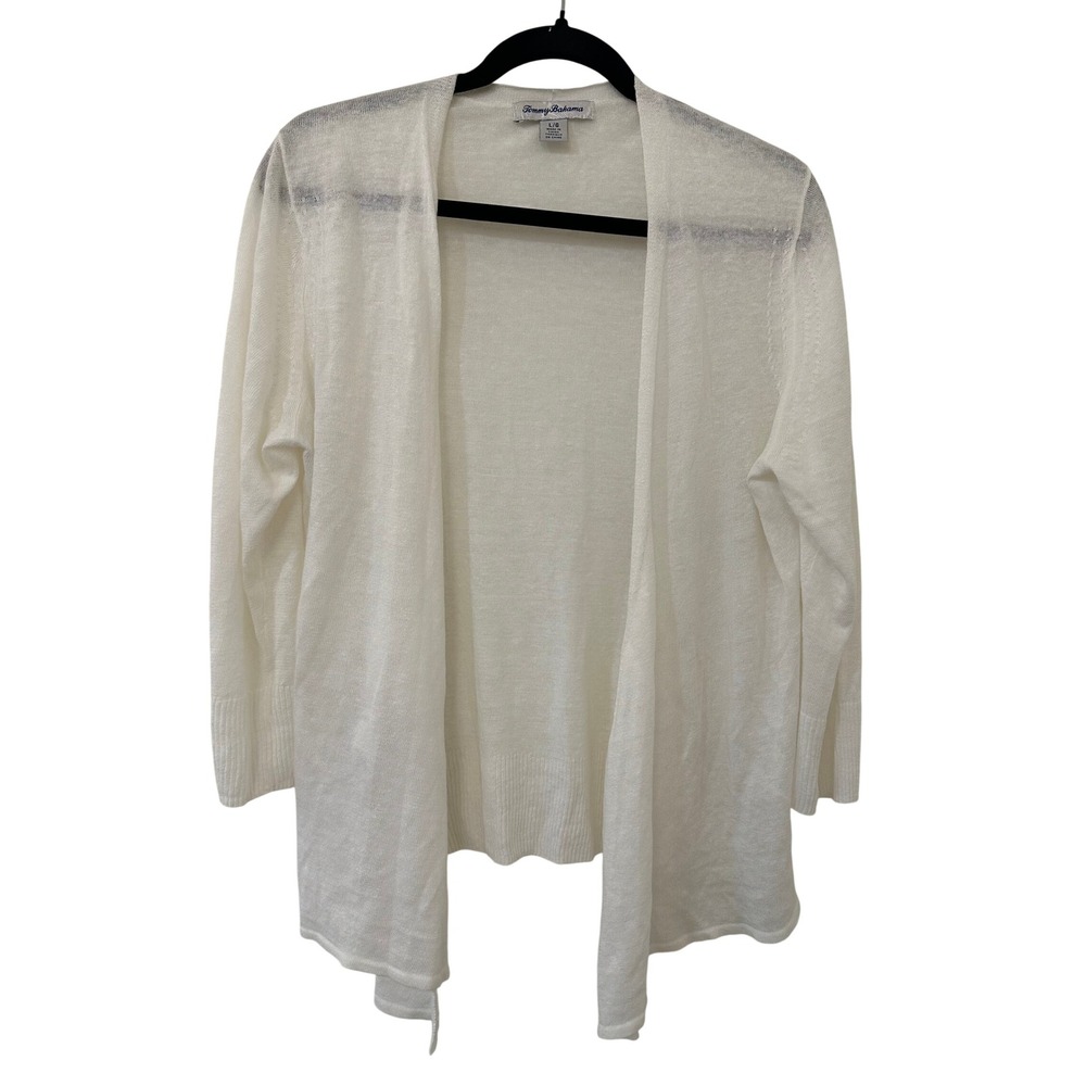 Tommy Bahama Womens White Linen Blend Open Front Cardigan Sweater Large Beachy